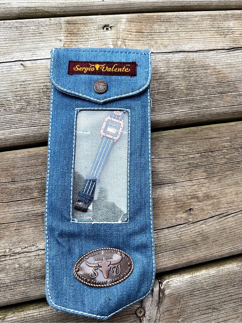 Vintage Sergio Valente Digital Watch Denim Strap Pouch Retro Accessory Untested
